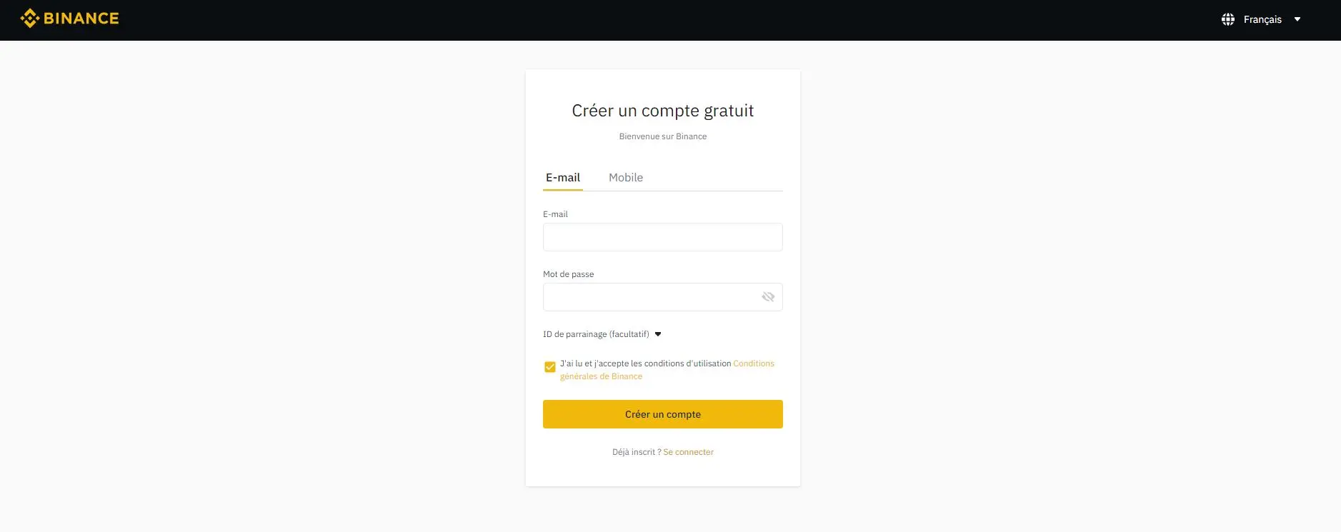 Binance création de compte