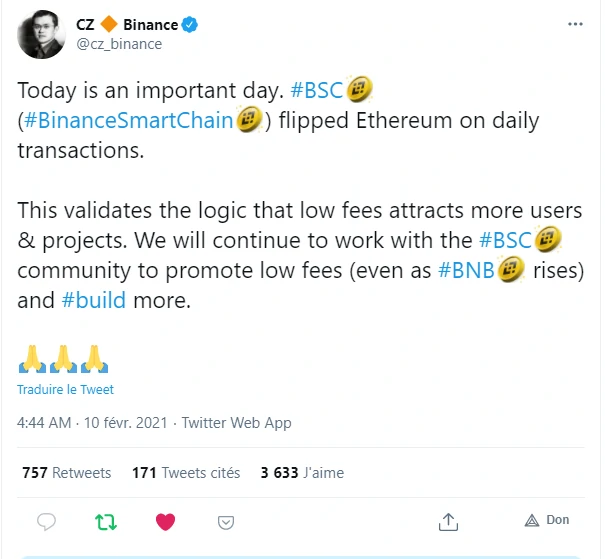 Tweet de CZ sur le nombre de transactions