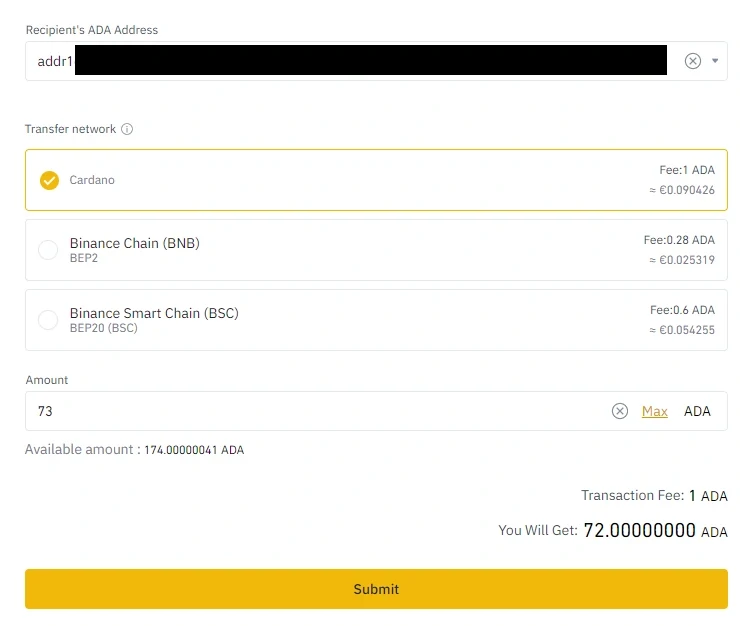 Envoyer des ADAs depuis Binance