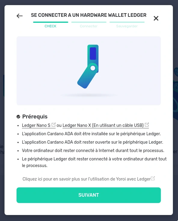 Yoroi démarrer la connexion au hardware wallet